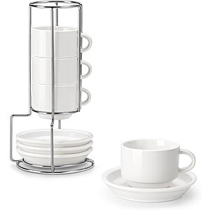 Prime Members: 4-Count MALACASA 2.5-Oz Porcelain Stackable Cups & Saucers Set w/ Metal Stand (White) $12.99 & More + Free Shipping