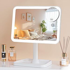 Lighted Makeup Mirror, Rechargeable Makeup Mirror with Lights, Vanity Mirror for Desk 360° Rotation, 3 Color LED Lights  $14 ac AMAZON FS w Prime