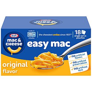 Select Accounts: 18-Pack 2.15-Oz Kraft Mac & Cheese Easy Mac Microwavable Dinner (Original) $5.19 w/ S&S + Free Shipping w/ Prime or on $35+
