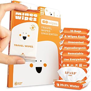 6-Pack 5.5" x 5.9" Impossibly Compact 99.5% Water Travel Wipes (10 Wipes Per Pack, Unscented) $5.75 w/ S&S + Free Shipping w/ Prime or $35+ Orders