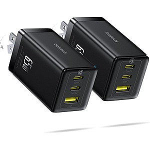 2-Pack Baseus 65W 3-Port USB-C Foldable Charger Block $27 + Free Shipping