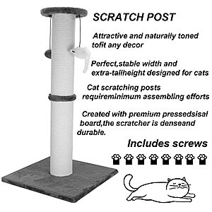 Cat Scratching Post 33.8inch Cotton Rope with Hanging Ball and Mice (Grey) $29.71