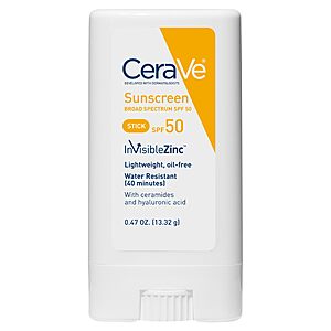 CeraVe Mineral Sunscreen Stick SPF 50, Broad Spectrum SPF + Hyaluronic Acid + Ceramides, Titanium Dioxide & Zinc Oxide, 100% Mineral Face Sunscreen Stick $5.99